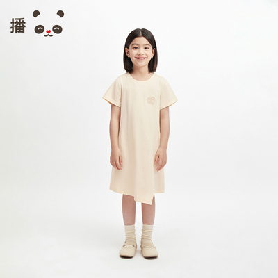 播broadcute童装女童裙子短袖立体剪裁纯棉连衣裙宽松长裙夏季