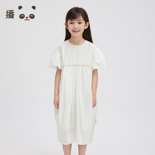 播broadcute童装女童连衣裙桑蚕丝宽松裙子白色灯笼袖公主裙夏季