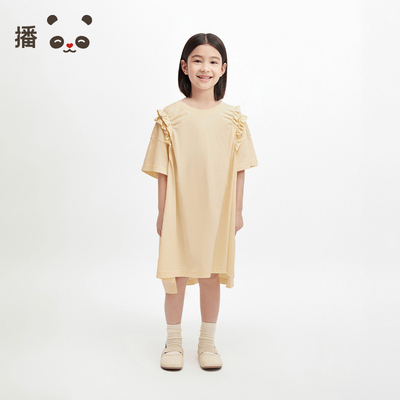 播broadcute童装女童裙子纯棉短袖荷叶边连衣裙抽褶中长裙夏季