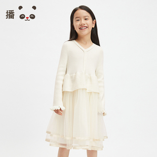 播broadcute童装女童连衣裙网纱拼接蓬蓬裙羊毛长袖公主裙春秋季