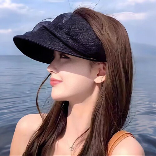 新款时尚网纱帽子褶皱黑色空顶防晒帽女夏季防晒遮阳帽出游太阳帽