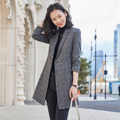 跨境韩版休闲中长款风衣外套女秋冬时尚气质潮流简洁干练宽松格子