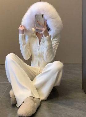 韩系温柔风毛毛领连帽开衫拉链毛衣女秋季新款修身短款麻花针织衫