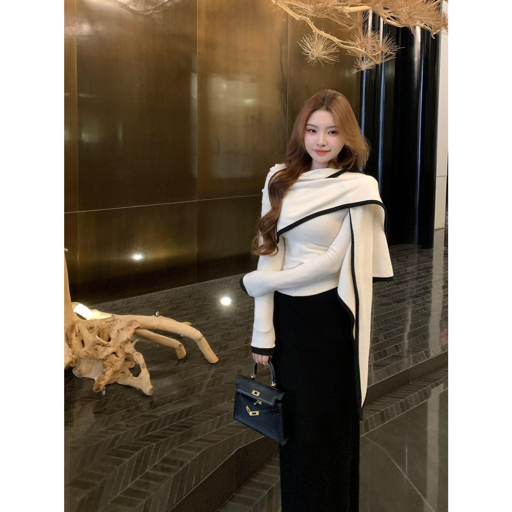 已到货 韩系气质真两件显瘦长袖针织衫上衣三角披肩设计感套装