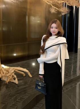 已到货 韩系气质真两件显瘦长袖针织衫上衣三角披肩设计感套装