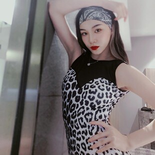 BQueen舞服夏季新款成人女拉丁国标练习服黑白豹纹网纱拼接连体衣