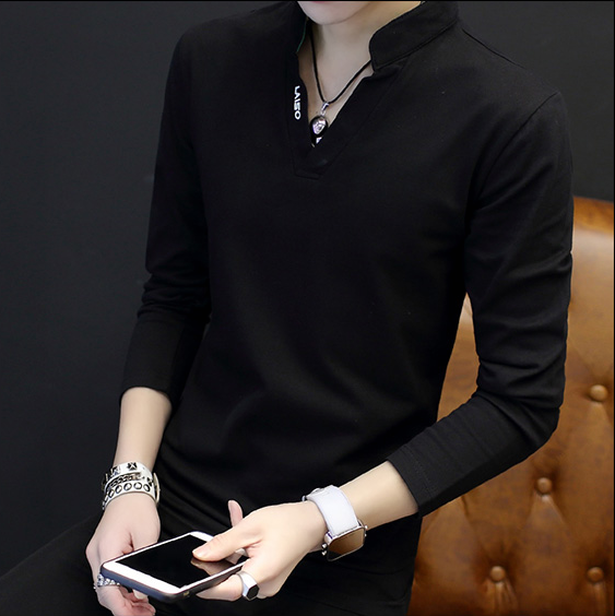 男士t恤长袖V领上衣服小衫 2018春季韩版修身打底衫潮流卫衣