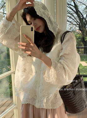 早春CHUO推荐韩系宽松蕾丝刺绣钩花连帽衬衫上衣春装内搭