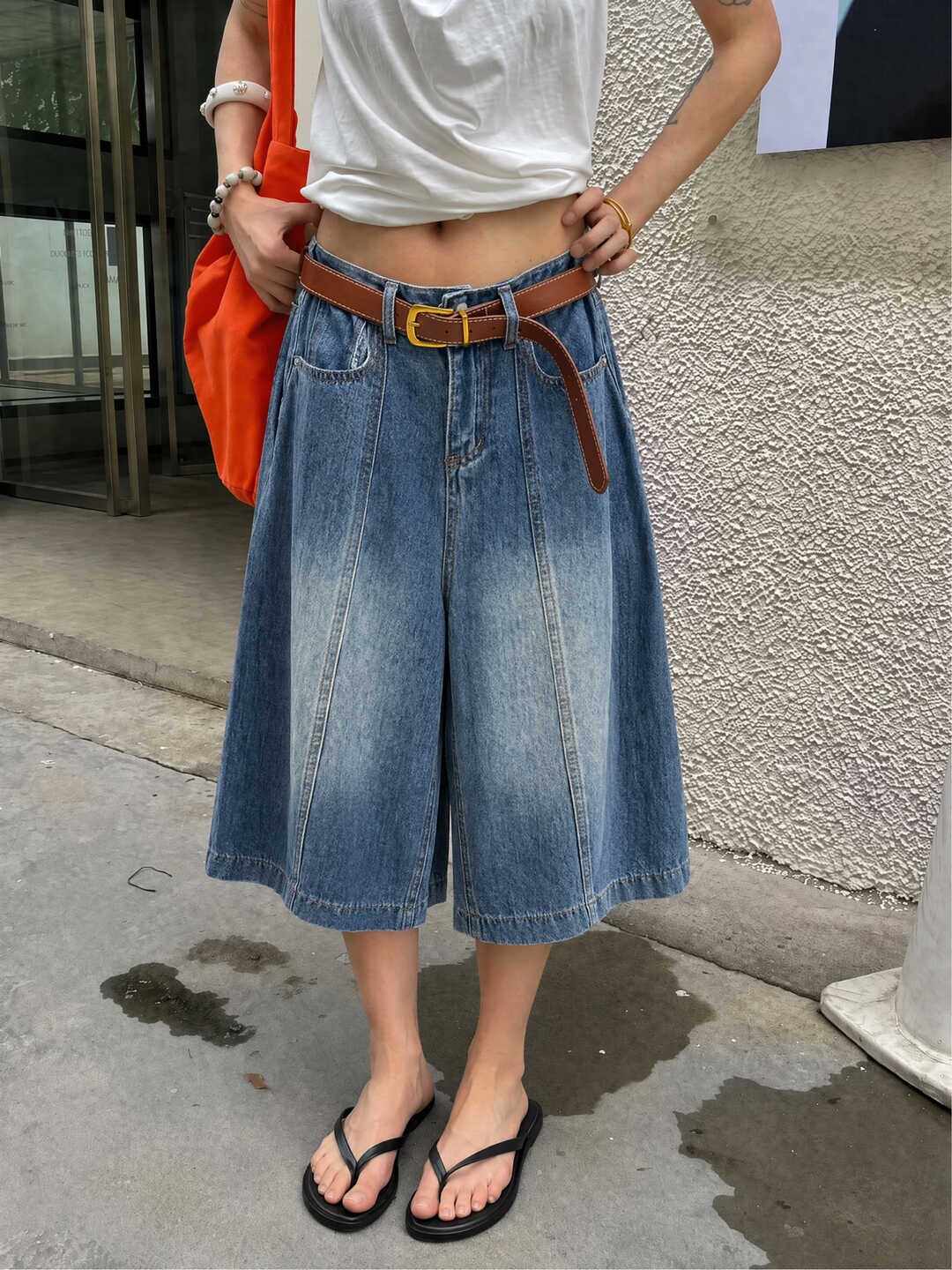 牛仔裤女裤休闲百搭显瘦阔腿裤复古水洗宽松阔腿牛仔裤(送皮带)