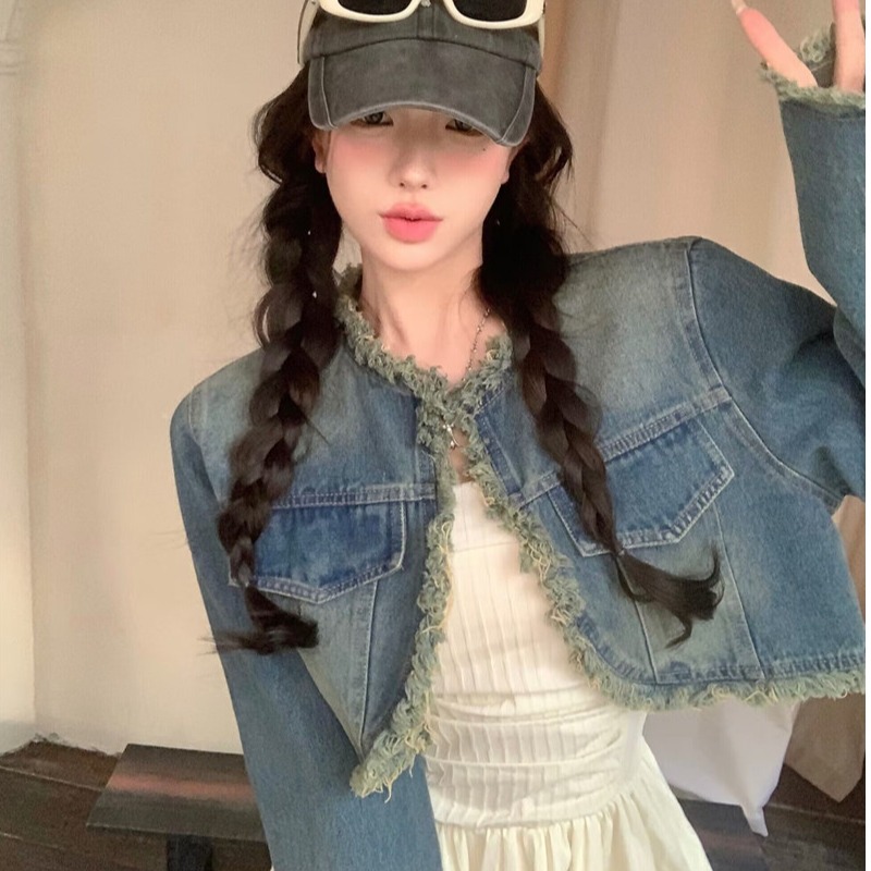 小依仙2025新牛仔外套女设计感毛边小个子上衣短款+抹胸打底长裙
