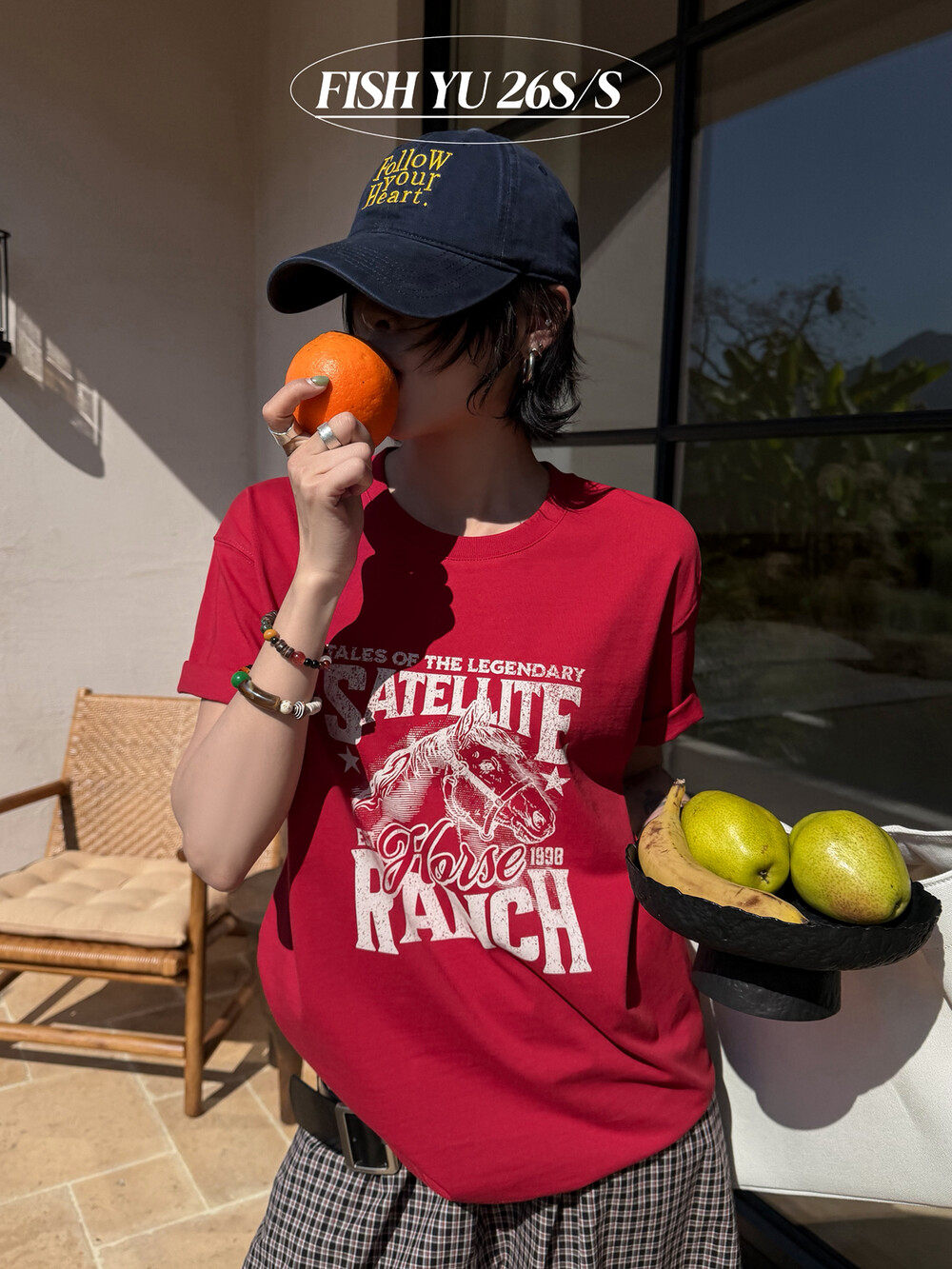 YU早春新款韩版美式复古字母小马元素印花圆领短袖T恤上衣女