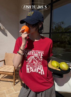 YU早春新款韩版美式复古字母小马元素印花圆领短袖T恤上衣女