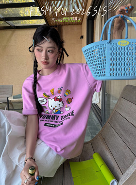 YU早春新款春日元气Kitty字母印花圆领宽松款短袖T恤大版休闲女