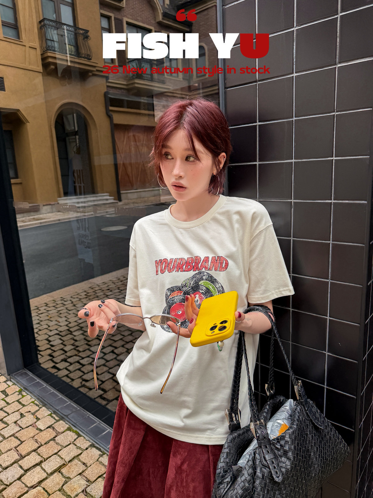 FISH YU秋新款韩版美式复古黑胶唱片手绘感正肩小版短袖T恤上衣