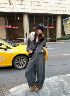 MZI STUDIO韩标冬日大毛领连帽卫衣外套松紧腰口袋休闲裤套装