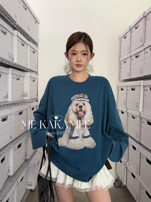 ME KAKAMEE秋新品卡通小狗喷画洗水大版宽松百搭显瘦长袖T恤S3623