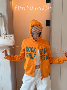 YU春夏新款美式辣妹风字母印花正肩小版连帽卫衣外套26072