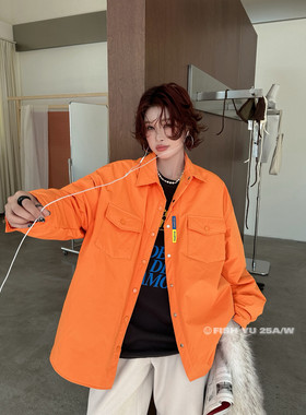 YU冬新款欧货撞色彩色标夹棉工装口袋衬衫外套中长大版宽松25753