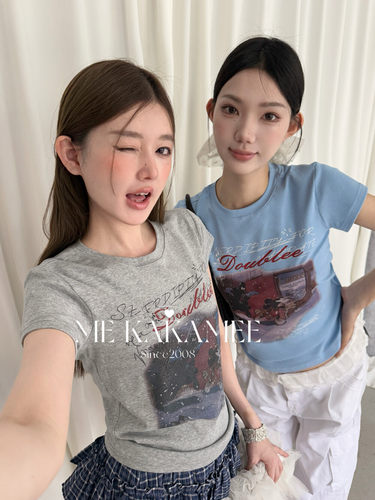 ME KAKAMEE夏新款新品甜酷米奇字母喷画小版高弹力短袖T恤女S3973