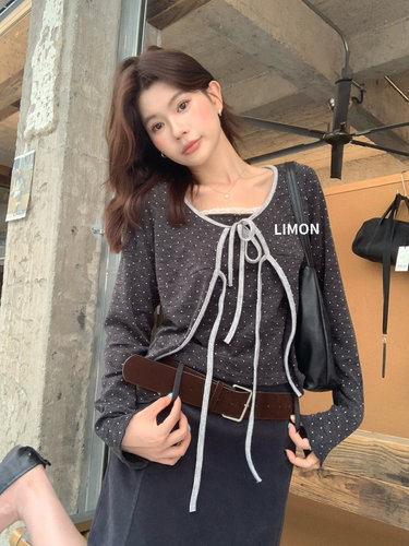The limon秋新款Miu系少女波点系带开衫吊带背心两件套装11288