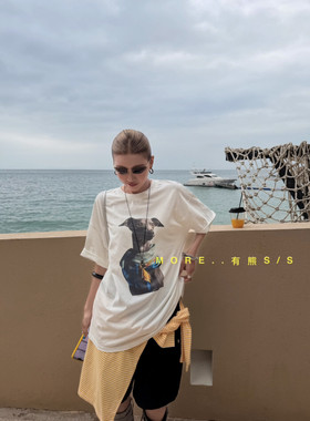 More有熊夏季新款潮流小狗图案设计感短袖T恤大版上衣女休闲8739