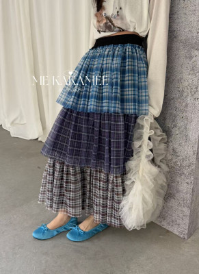 ME KAKAMEE春新品层次感拼接设计格纹长裙半身裙百搭裙子1022