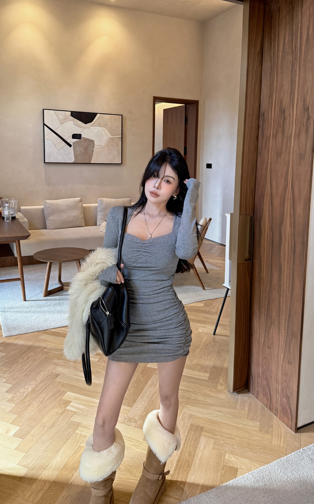 ALA冬季新款辣妹小女人加绒磨毛百搭包臀修身连衣裙女2292