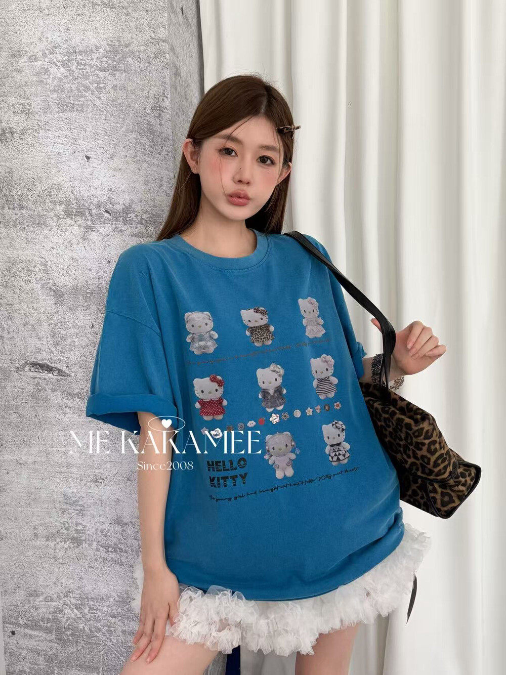 ME KAKAMEE夏季新品洗水工艺喷画KT猫休闲上衣大版短袖T恤9215