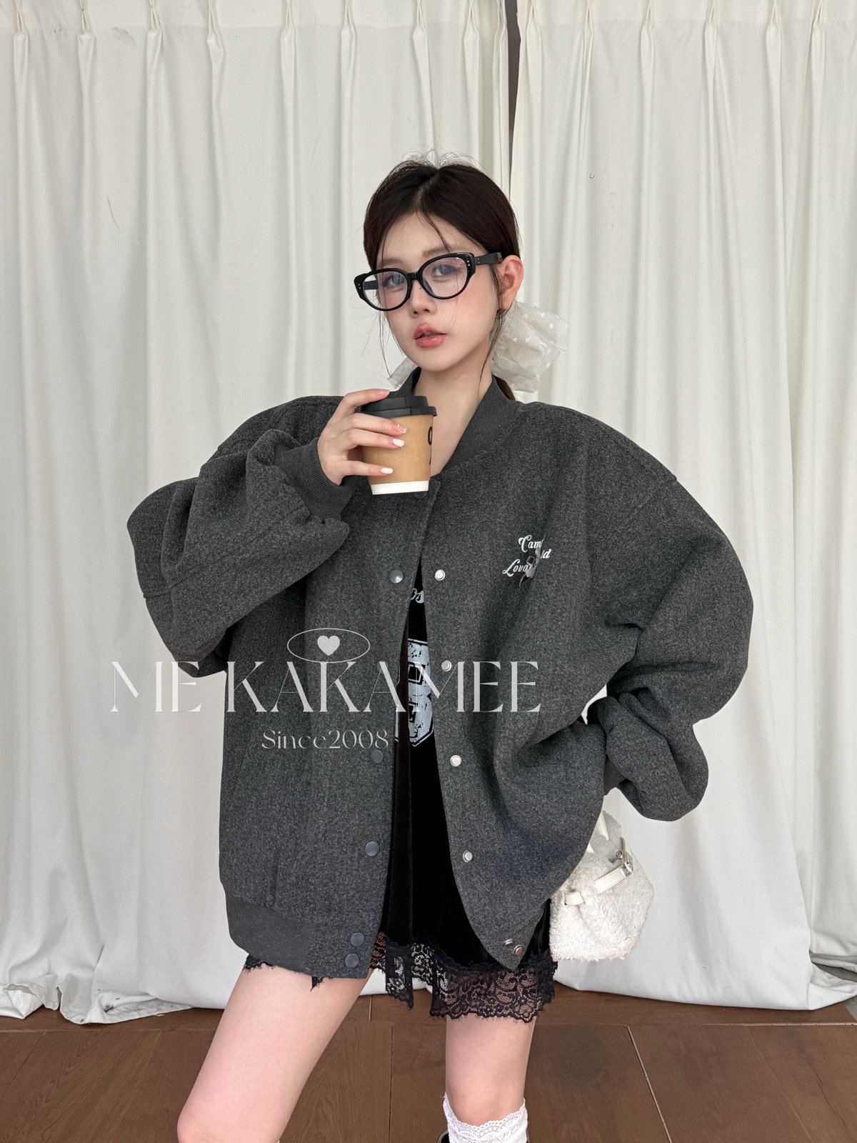 ME KAKAMEE冬美式学院KT贴布绣毛呢夹棉宽松大版棒球服棉服S5726