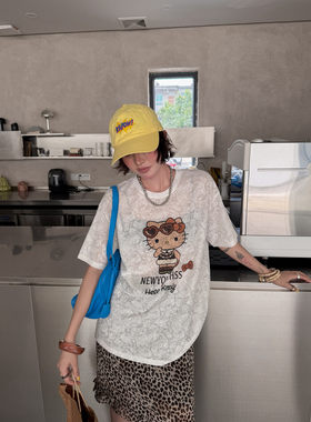 FISH YU夏韩系黑皮墨镜Kitty白墨印花满底腰果花暗纹宽松短袖T恤