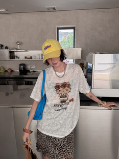 FISH YU夏韩系黑皮墨镜Kitty白墨印花满底腰果花暗纹宽松短袖T恤