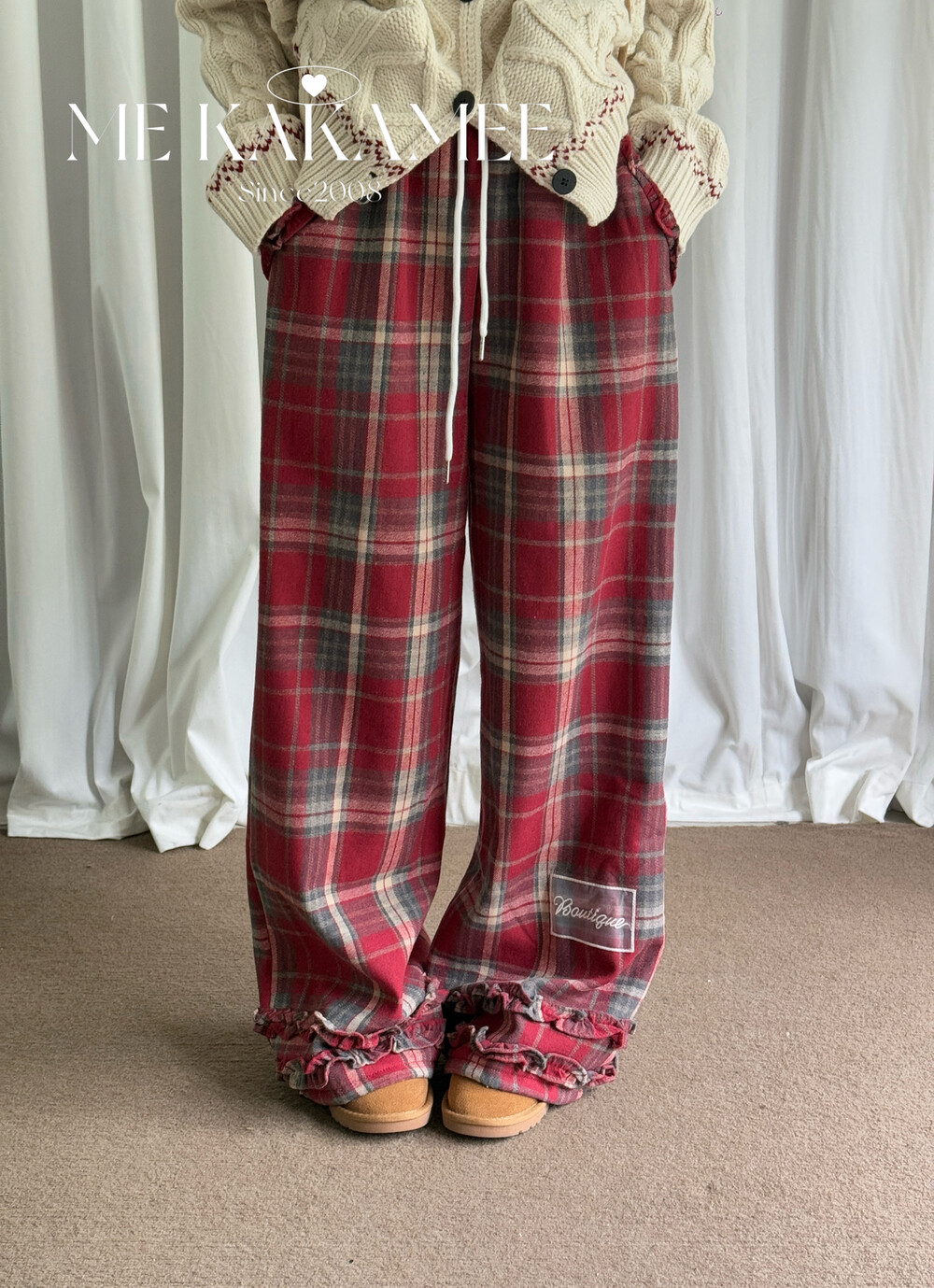 KAKAMEE冬新品韩系复古格纹拼接木耳花边设计加厚加绒休闲裤A3180
