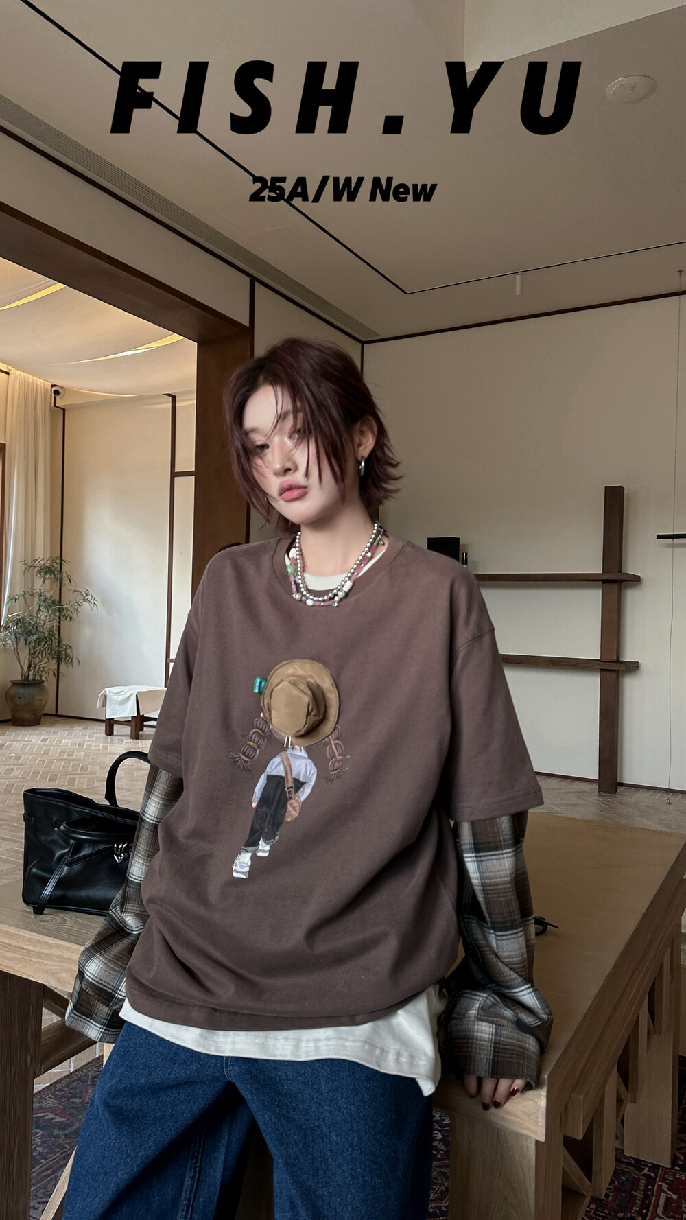 YU新款立体帽子拼接背带裤小女孩印花宽松圆领磨毛短袖T恤25553