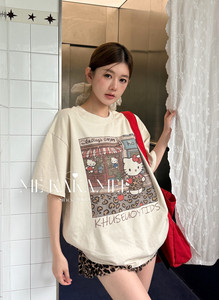 ME KAKAMEE夏新品复古豹纹KT猫喷画水洗炒纱宽松大版短袖T恤S5070