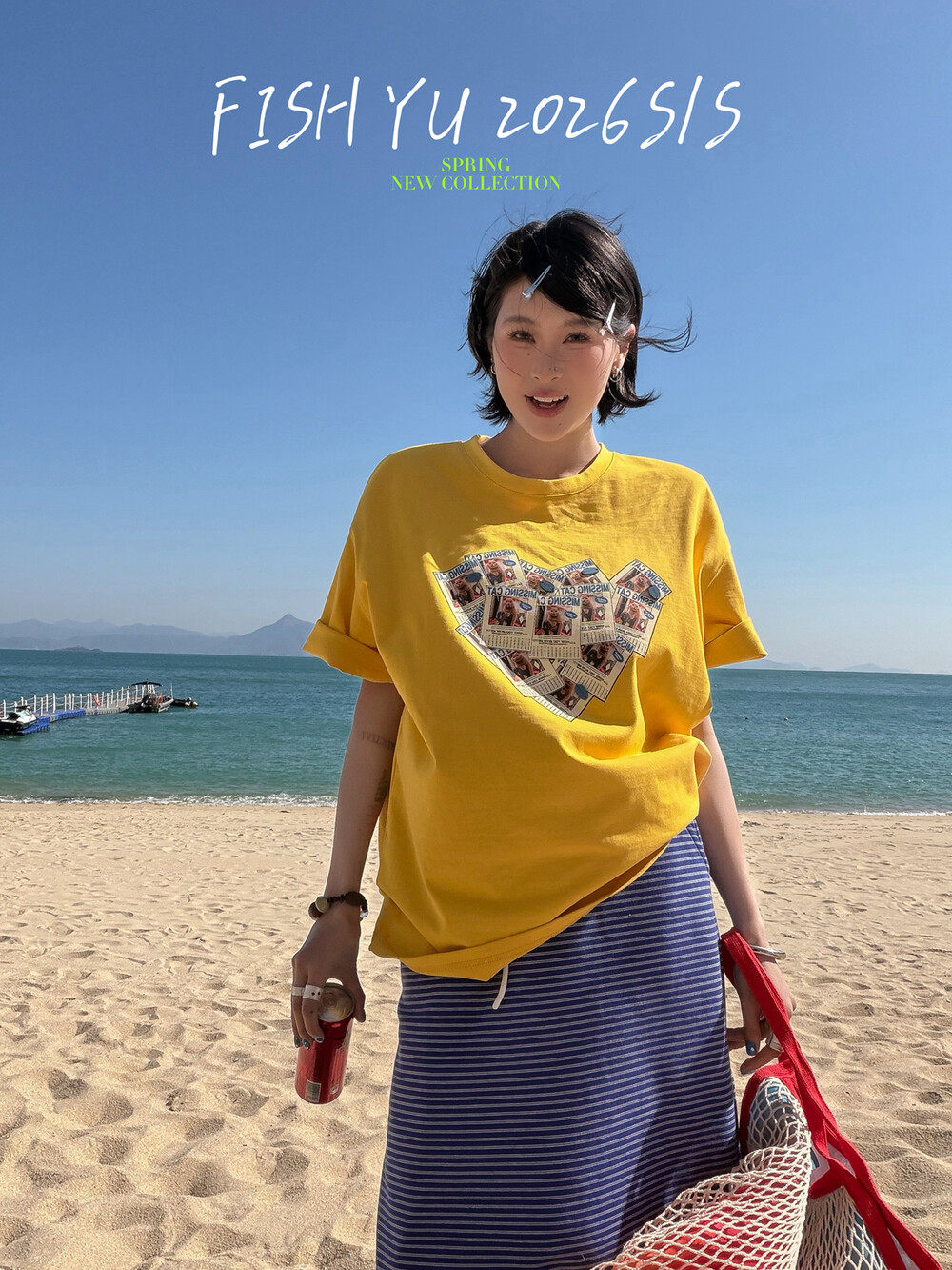 YU夏季新款美式复古寻猫启事白墨印花宽松圆领休闲短袖T恤26062