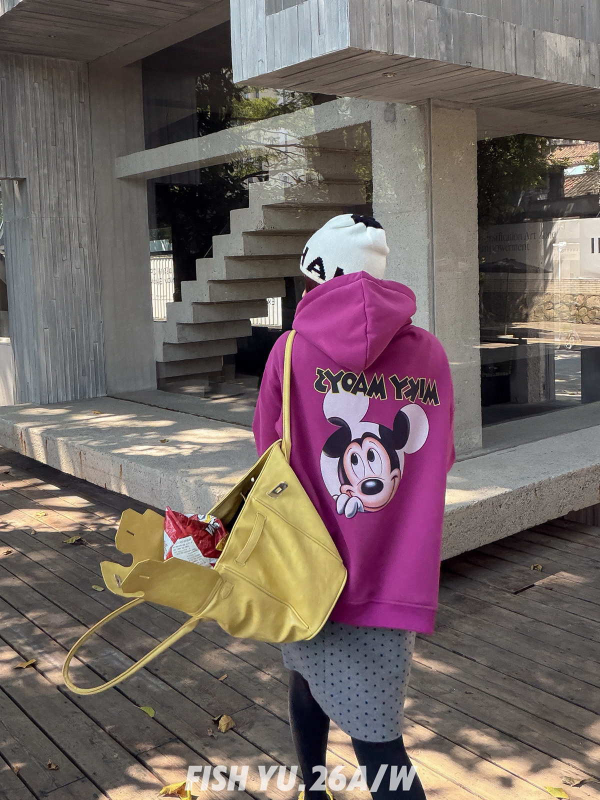 FISH YU韩系卡通米奇前后印花立体小标双头拉链宽松加绒卫衣外套