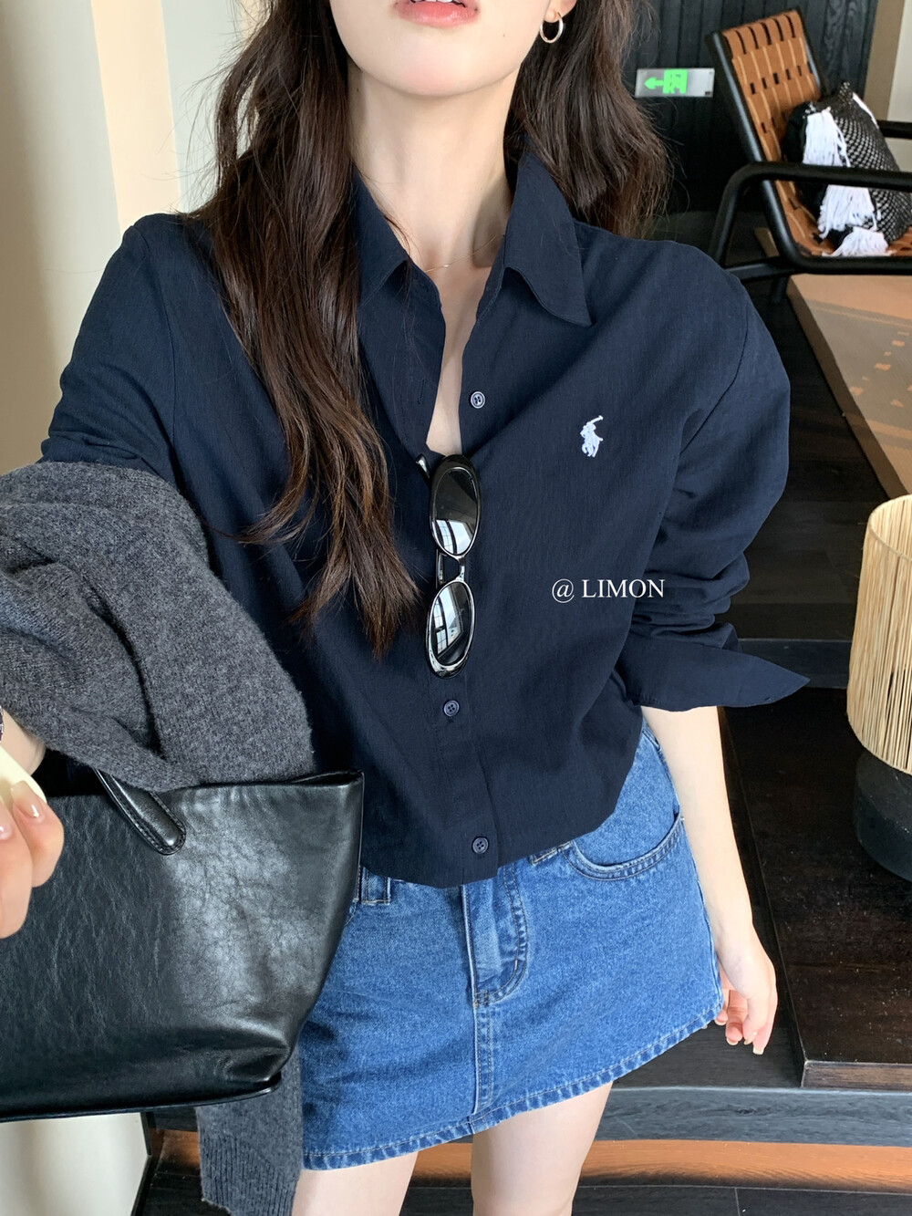 THE LEMON早秋新款韩版百搭简单时髦通勤小马刺绣衬衫上衣女9022