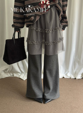 ME KAKAMEE冬新品韩系层次网纱屁帘假两件加绒微喇裤百搭显瘦裙裤