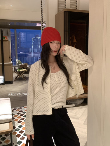 MZI STUDIO秋季波点圆领钮扣开衫甜美波点吊带背心两件套装13611
