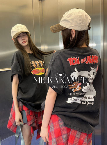 ME KAKAMEE新品卡通汤姆杰瑞喷画水洗炒纱宽松大版短袖T恤S5118