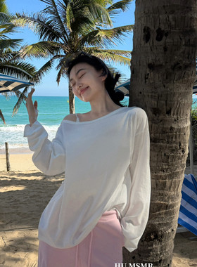 HU夏新款斜肩设计感显瘦宽松休闲上衣套头长袖T恤大版防晒C1381