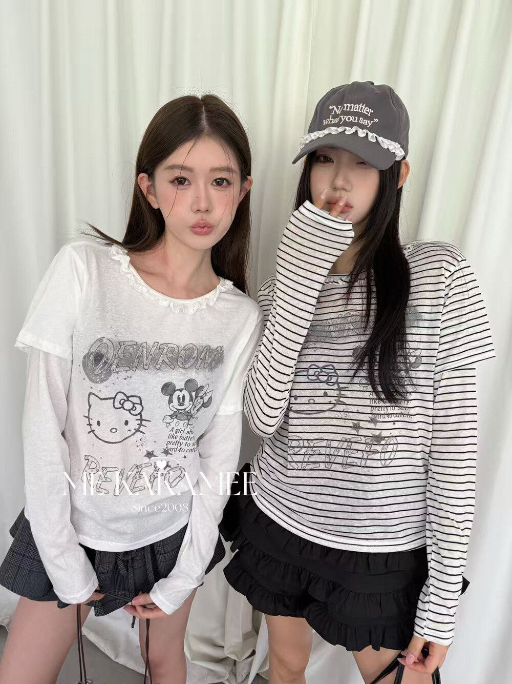 ME KAKAMEE夏喷画涂鸦字母KT猫雪花棉假两件设计女长袖T恤9272