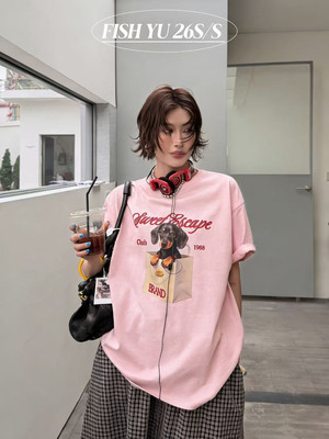 YU夏新品韩版卡通狗狗印花立体小标圆领宽松短袖T恤上衣女626120