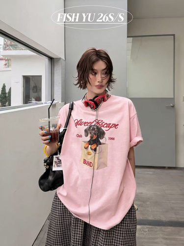 YU夏新品韩版卡通狗狗印花立体小标圆领宽松短袖T恤上衣女626120