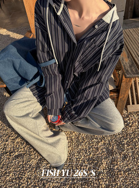 YU早春新款美式休闲风竖条纹拼接针织连帽宽松衬衫女626026