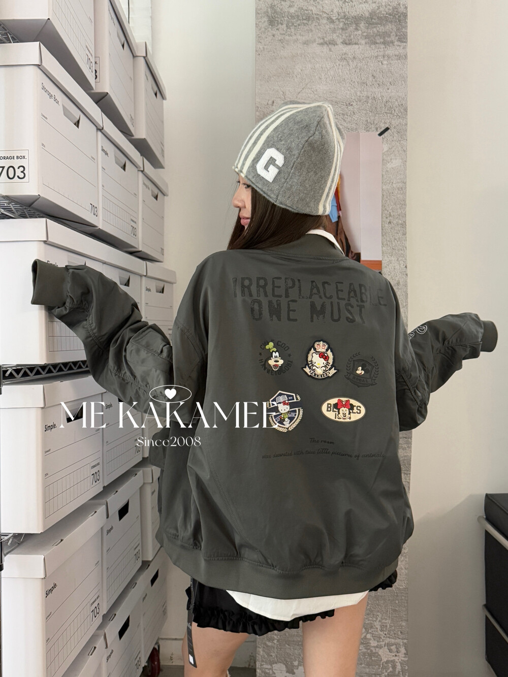 ME KAKAMEE秋新品美式米奇KT勋章重工格纹棒球领外套夹克S3673