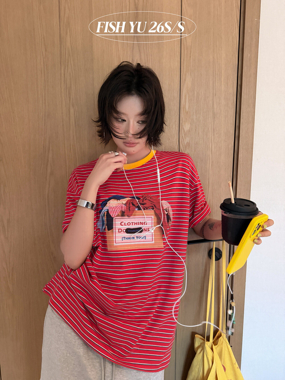 YU美式复古撞色牛皮纸箱白墨印花彩色条纹宽松圆领短袖T恤626173