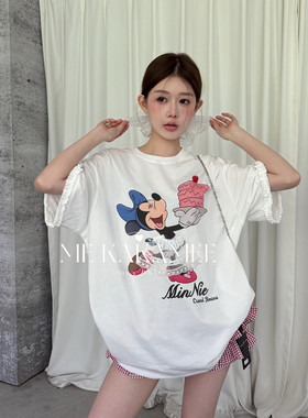 ME KAKAMEE新品韩系蕾丝裙米妮木耳花边拼接宽松大版短袖T恤S5168
