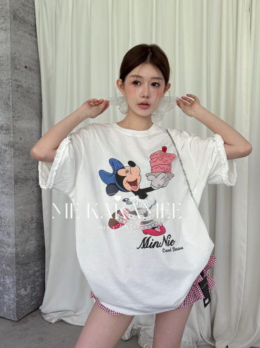 ME KAKAMEE新品韩系蕾丝裙米妮木耳花边拼接宽松大版短袖T恤S5168