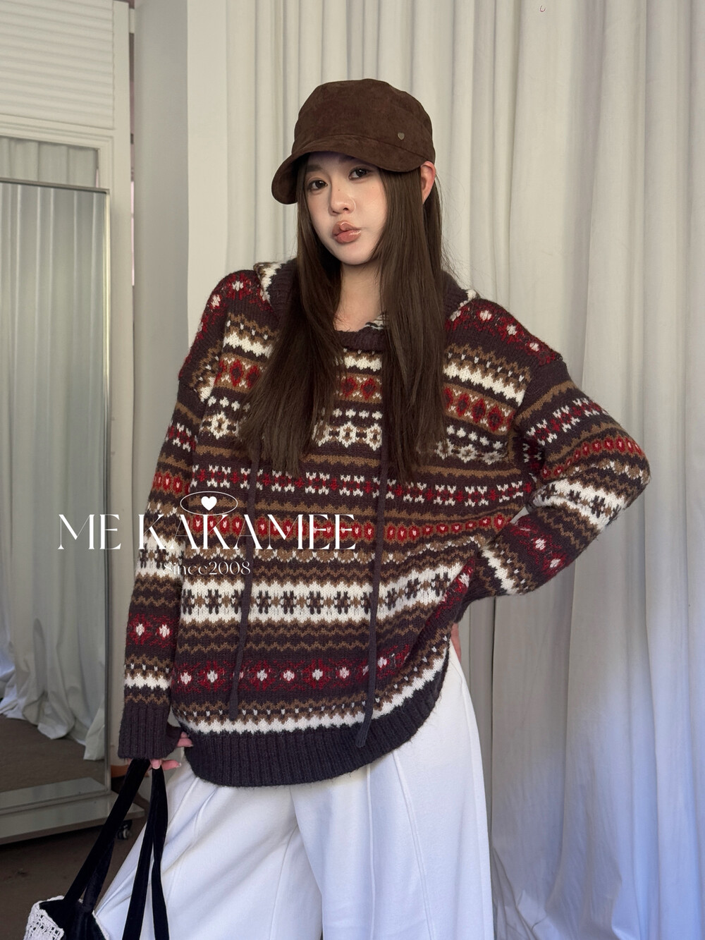 ME KAKAMEE冬新品复古费尔岛软糯厚实连帽套头毛衣上衣针织A3156